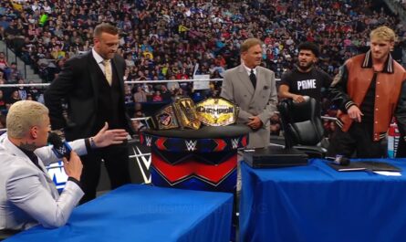 Logan Paul and Cody Rhodes face off during contract signing segment at WWE SmackDown on May 17, 2024