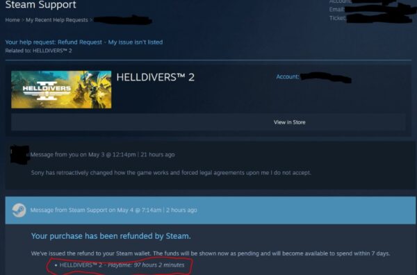 Proof of Helldivers 2 Refund on Steam after PSN Controversy