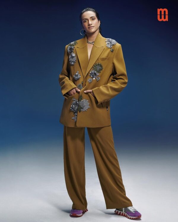 PV Sindhu looking like a boss lady wearing a yellow suit on Mans World India Magazine May 2024 photoshoot