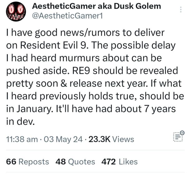 Capcom's Resident Evil 9 Dusk Golem 2025 release leak pictuire