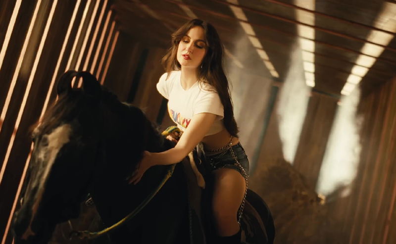 Elli AvrRam riding a horse wearing short clothes in Gallan Goriyan Music Video