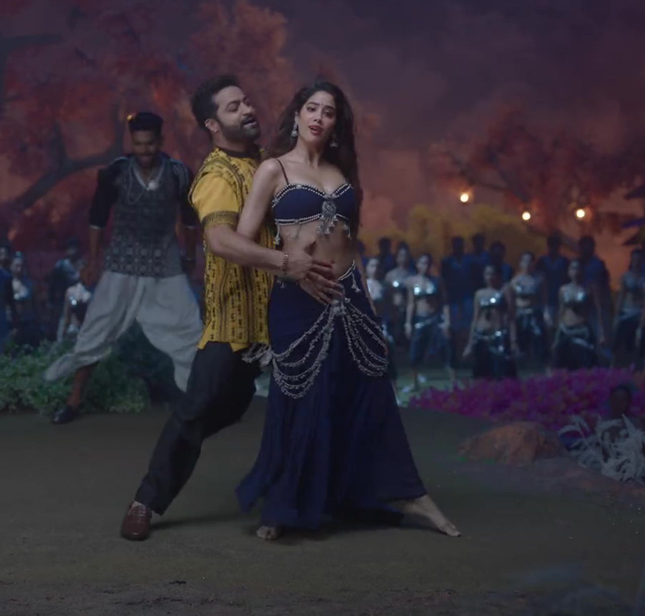 Janhvi Kapoor in a Dark Blue Bra showing her hot dance moves with Jr. NTR in Daavudi music video from Devara 2024 film