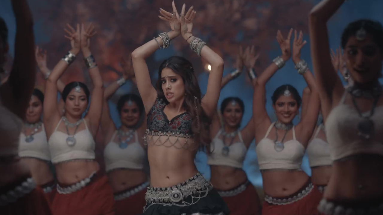 Janhvi Kapoor showing her sexy navel wearing a short blouse in Daavudi music video from Devara 2024 film