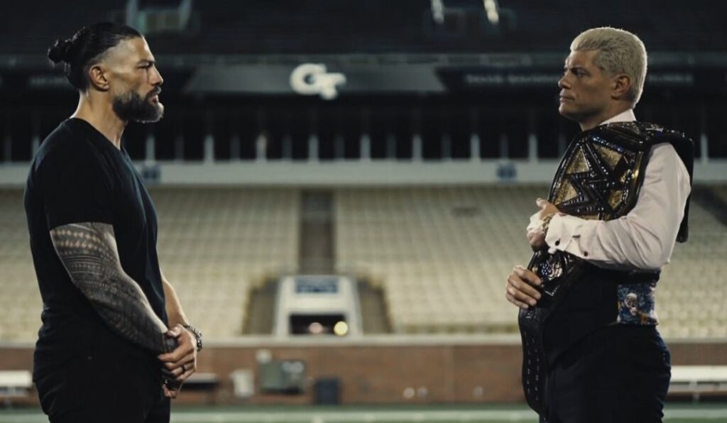 WWE SmackDown 20 September 2024 Roman Reigns and Cody Rhodes face off in football stadium