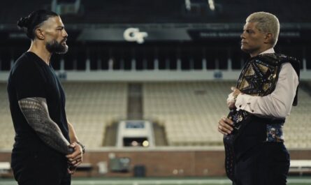 WWE SmackDown 20 September 2024 Roman Reigns and Cody Rhodes face off in football stadium