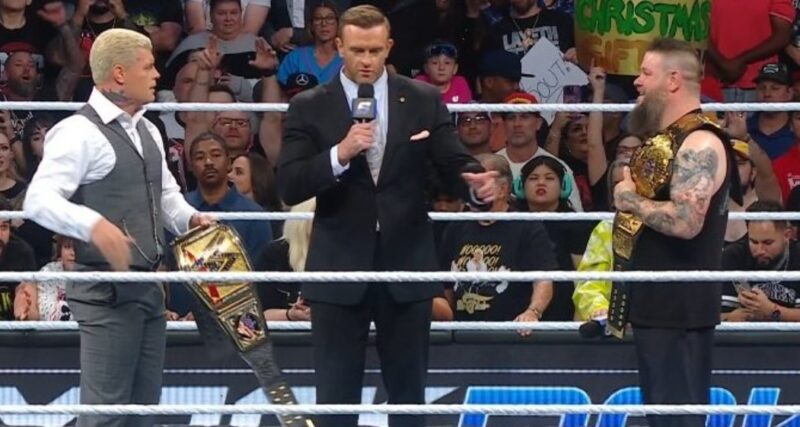 WWE SmackDown 27 Dec 2024 Cody, Owens, and Nick Aldis inside the ring photo