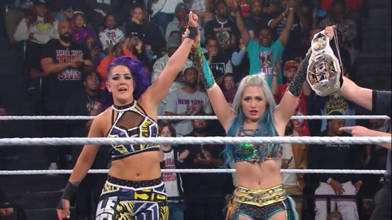 WWE NXT 28 Jan 2025 Bayley and Giulia celebrating their win over Roxanne Perez and Cora Jade