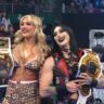 WWE SmackDown 24 Jan 2025 Tiffany Stratton and Rhea Ripley looking hot standing together inside the ring