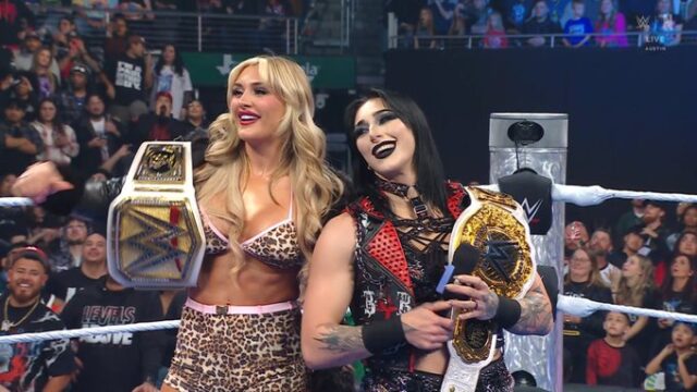 WWE SmackDown 24 Jan 2025 Tiffany Stratton and Rhea Ripley looking hot standing together inside the ring