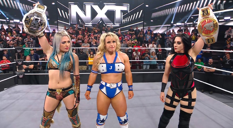 WWE NXT 18 Feb 2025 Giulia, Jordynne Grace, and Styephanie Vaquer standing tall in the ring after winning their match