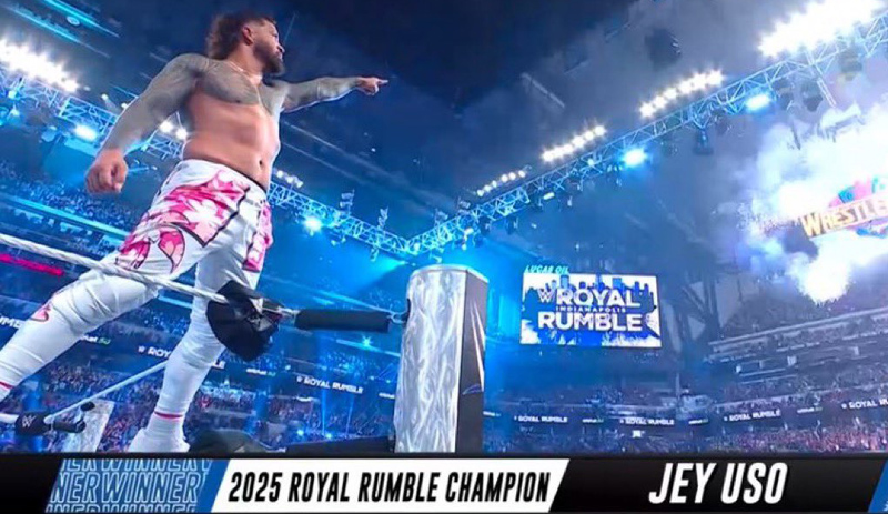 WWE Royal Rumble (1 Feb 2025) Jey Uso celebrating after winning men's rumble