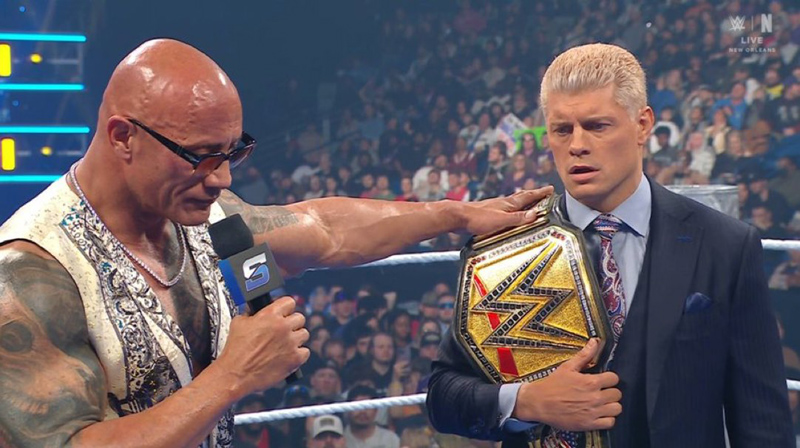 WWE SmackDown 21 Feb 2025 The Rock confronting Cody Rhodes inside the ring