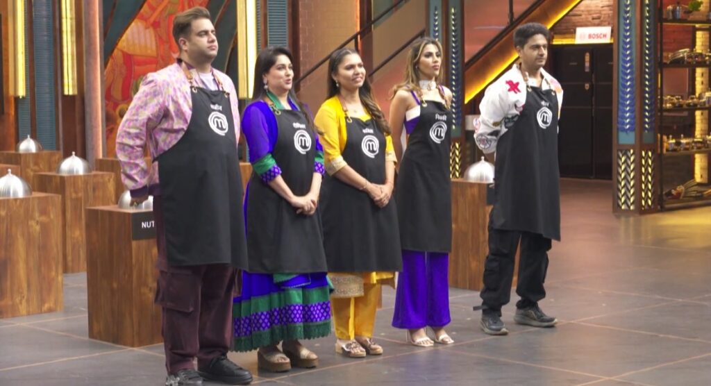 Celebrity MasterChef India Episode 30 (7 March 2025) All 5 Contestants hearing 3 judges explaining Lucky Dip Black Apron Challenge rules