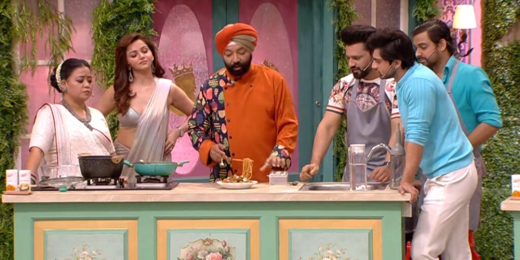 Colors TV Laughter Chefs Season 2 Episode 12 Chef Harpal Singh tasting Jaadui Noodles cooked by Rubina Dilaik and Rahul Vaidya