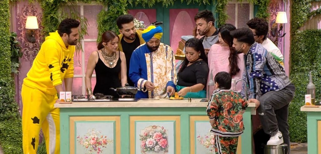 Colors TV Laughter Chefs Season 2 Episode 15 All Celebrity contestants at Rubina and Elvish's cooking station during tasting