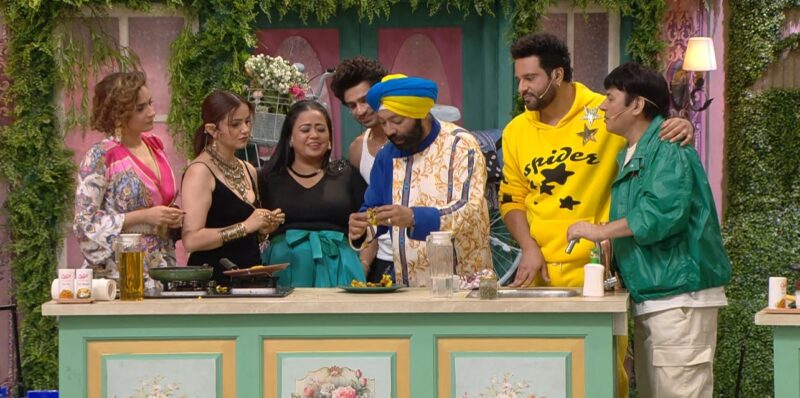 Colors TV Laughter Chefs Season 2 Episode 16 All Celebrity contestants at Rubina and Ankita cooking station during tasting