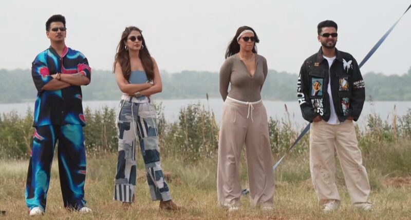 MTV Roadies Double Cross Episode 22 (23 March 2025) Prince Narula, Rhea Chakraborty, Neha Dhupia, and Elvish Yadav standing together during immunity task