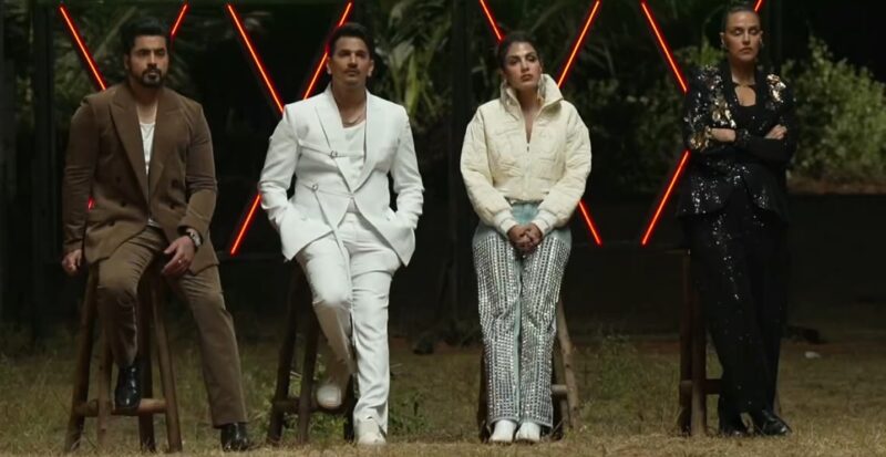 MTV Roadies Double Cross Episode 26 Gautam Gulati, Prince Narula, Rhea Chakraborty, and Neha Dhupia sitting together at vote out location