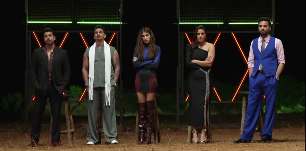 MTV Roadies Double Cross Episode 32 (27 April 2025) Gautam Gulati, Prince Narula, Rhea Chakraborty, Neha Dhupia, and Elvish Yadav at vote out location