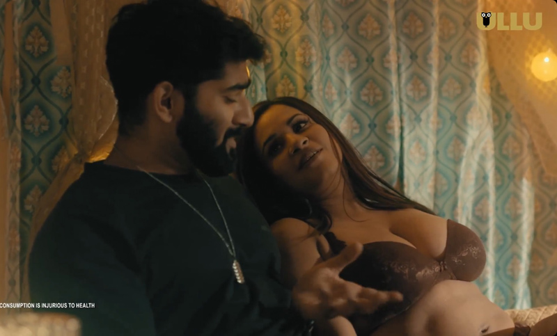 Tere Mere Beech Mein ULLU Web Series Muskaan Agarwal in bra along with Parth Bartakke