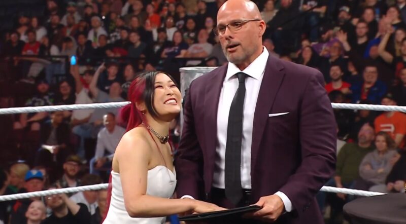 WWE RAW 7 April 2025 Recap IYO SKY along with Adam Pearce after signing the contract