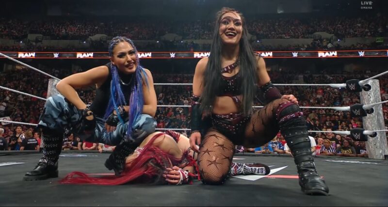 WWE RAW 5 May 2025 Recap Roxanne Perez and Giulia laughing after attacking IYO SKY