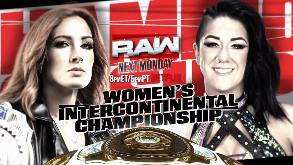 Photo of Advertised match Poster of Becky vs Bayley women's intercontinental championship match on WWE RAW Preview (23 June 2025)
