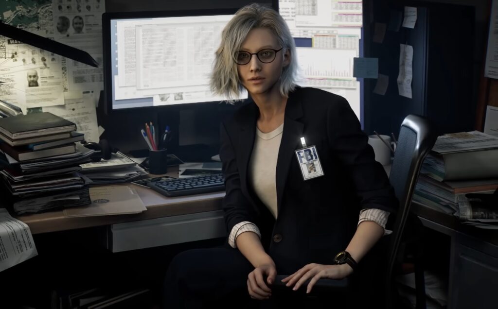Grace Ashcroft from Resident Evil 9 sitting in her FBI office