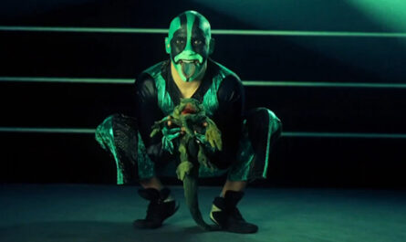 Mr. Iguana pro wrestler posing while holding an iguana cute photo