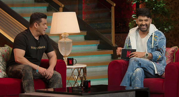 Salman Khan and Kpil Sharma having a funny talk sitting on couch on The Great Indian Kapil Show Season 3 Episode 1 