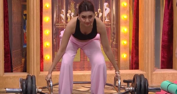 Photo of Tejasswi Prakash doing powerlifting in Laughter Chefs Season 2 Episode 44