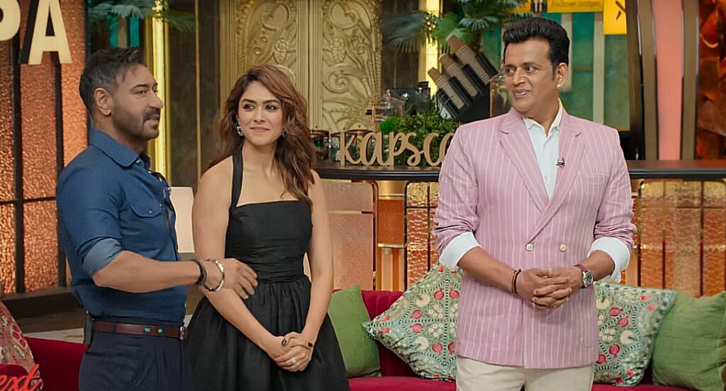 Ajay Devgn, Mrunal Thakur, and Ravi Kishan having fun at The Great Indian Kapil Show Season 3 Episode 5
