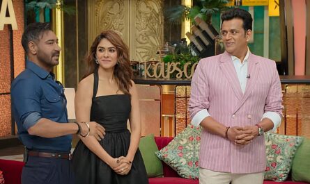 Ajay Devgn, Mrunal Thakur, and Ravi Kishan having fun at The Great Indian Kapil Show Season 3 Episode 5