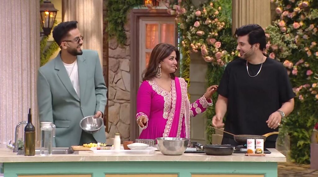 Hina Khan having fun with Elvish Yadav and Karan Kundrra on Laughter Chefs Season 2 Episode 50