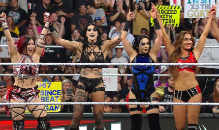 WWE Women celebrating after winning 8 woman tag team match on RAW 28 July 2025