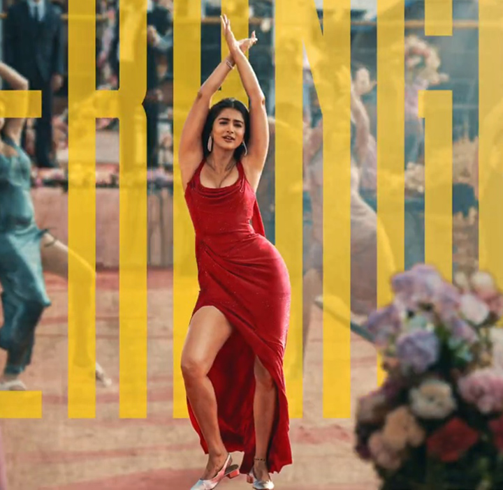 Pooja Hegde in red dress from Monica showing her curvy cleavage