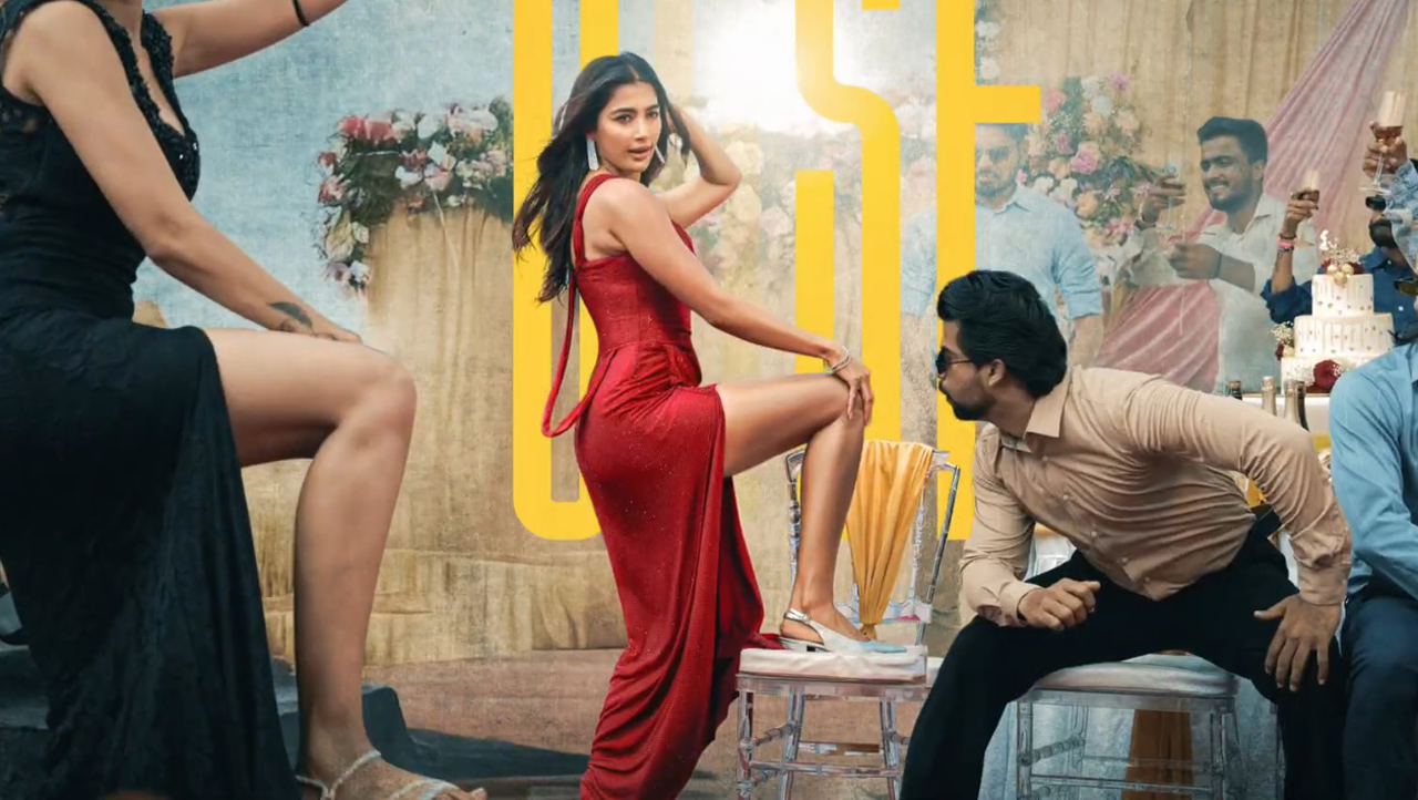 Pooja Hegde in red dress from Monica showing her legs