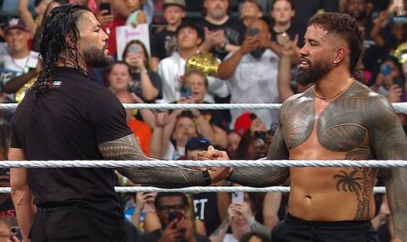 Roman Reigns shaking hand with his brother Jey Uso on WWE RAW 14 July 2025 show