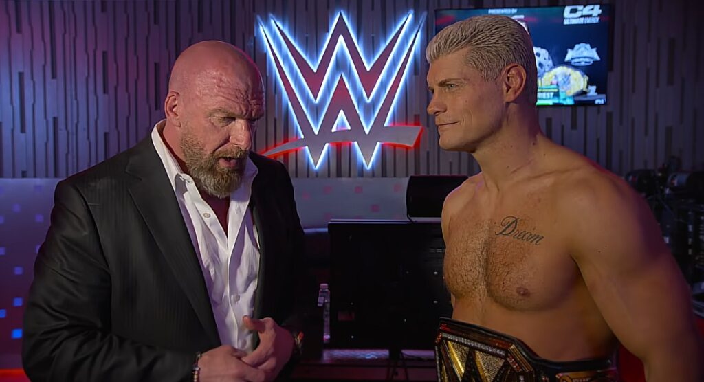 Triple H and Cody Rhodes having a conversation on WWE Unreal