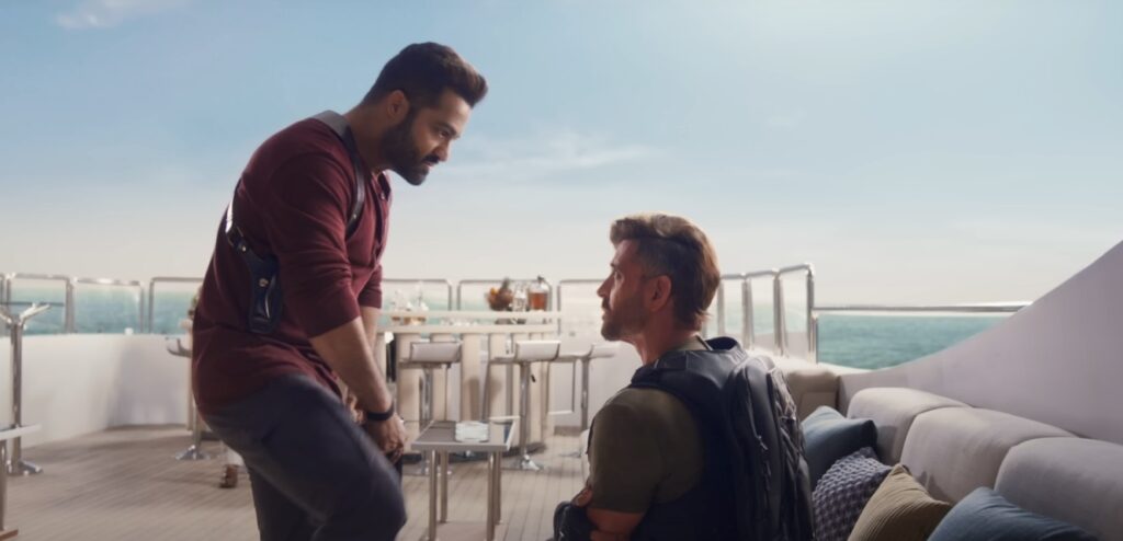 Hrithik Roshan getting confronted by Jr NTR inside a boat in war 2 film