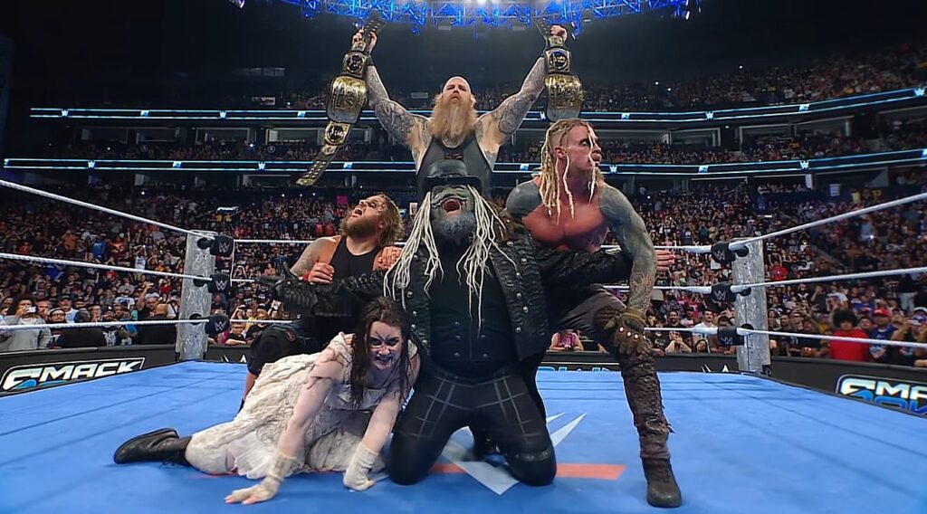 All members of The Wyatt Sicks celebrating the Tag Team Championship win on WWE SmackDown 11 July 2025 show