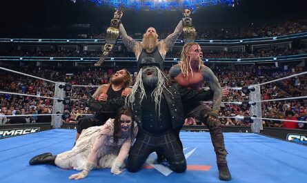 All members of The Wyatt Sicks celebrating the Tag Team Championship win on WWE SmackDown 11 July 2025 show