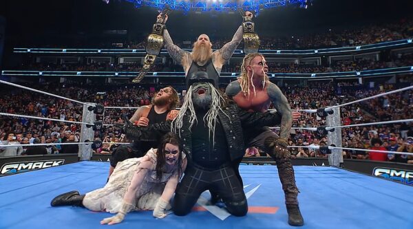 All members of The Wyatt Sicks celebrating the Tag Team Championship win on WWE SmackDown 11 July 2025 show