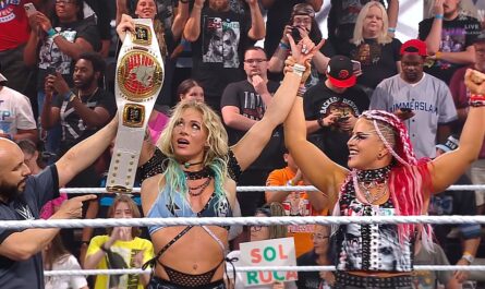 Zaria celebrating Sol Ruca's win with her on WWE NXT 5 August 2025 show