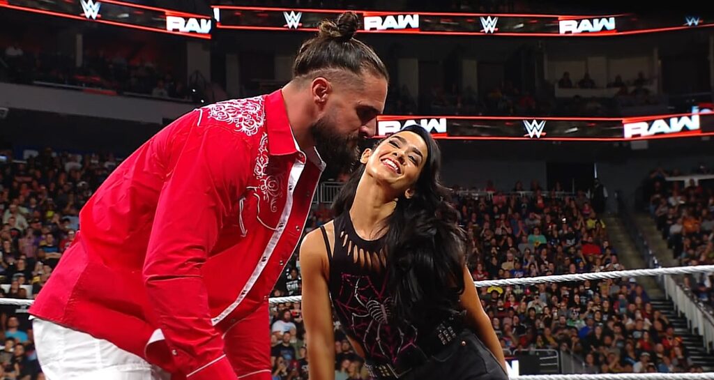 AJ Lee blocking Seth Rollins from getting IC title on WWE RAW 8 September 2025 episode