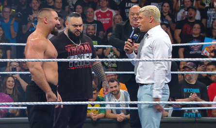 WWE SmackDown 26 September 2025 Cody Rhodes in ring with Bron Breakker, Bronson Reed, and Paul Heyman