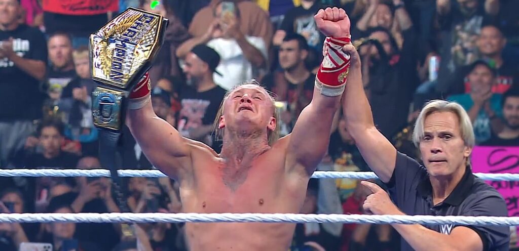 Ilja Dragunov celebrating US Title win on WWE SmackDown 17 October 2025 show