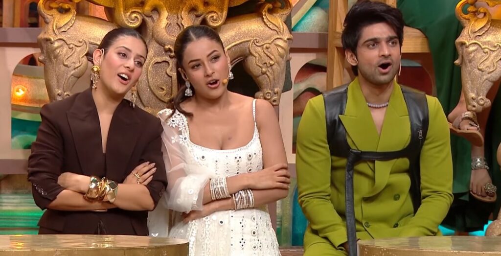 Pati Patni Aur Panga Season 1 Episode 26 (October 26, 2025) Isha Malviya and Abhishek Kumar sitting along with Shehnaaz Gill