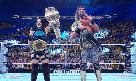 WWE Crown Jewel (2025) Stephanie Vaquer and Seth Rollins posing after the main event