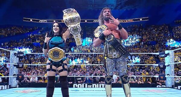 WWE Crown Jewel (2025) Stephanie Vaquer and Seth Rollins posing after the main event
